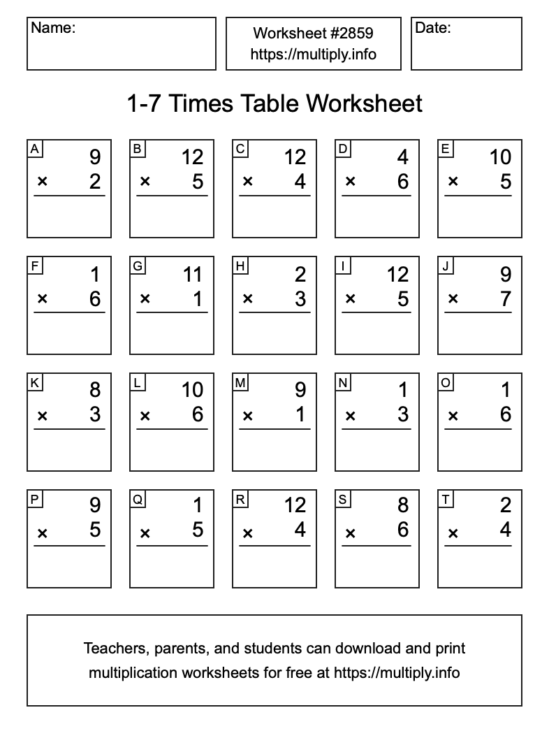 1 to 7 Times Table Worksheet #2859