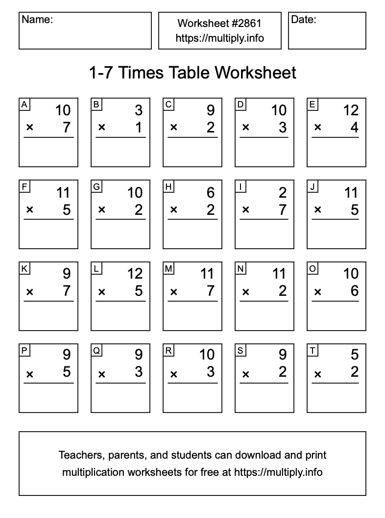 1 to 7 Times Table Worksheet #2861