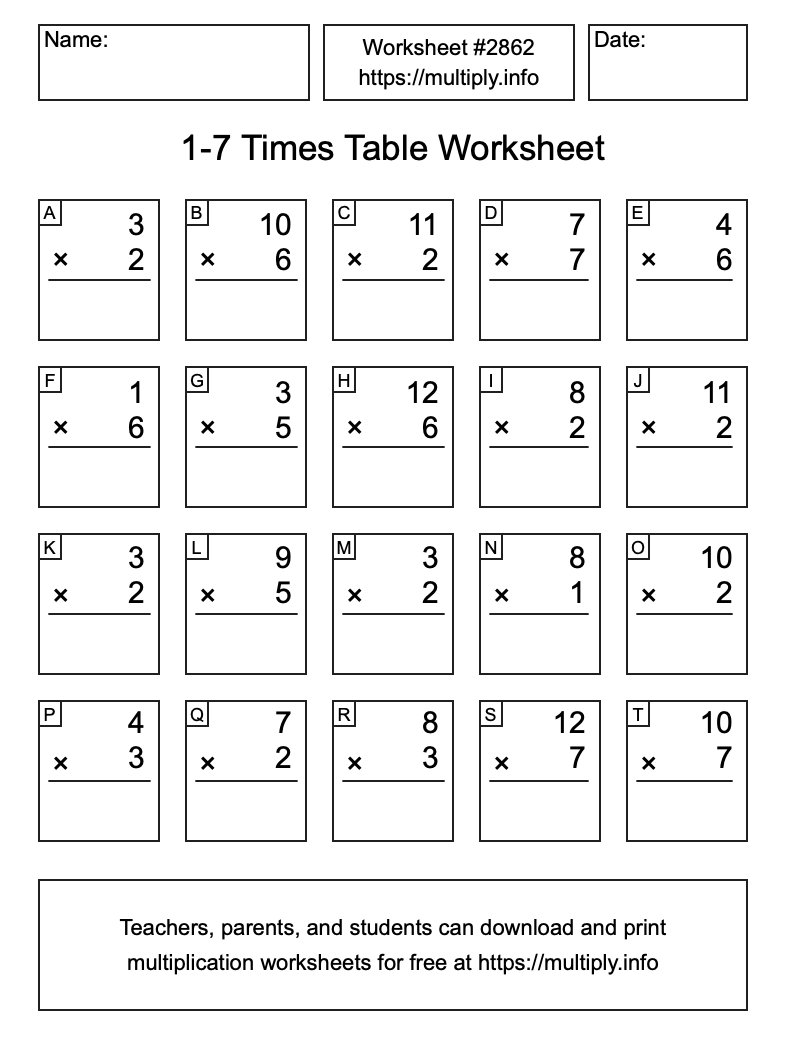 1 to 7 Times Table Worksheet #2862