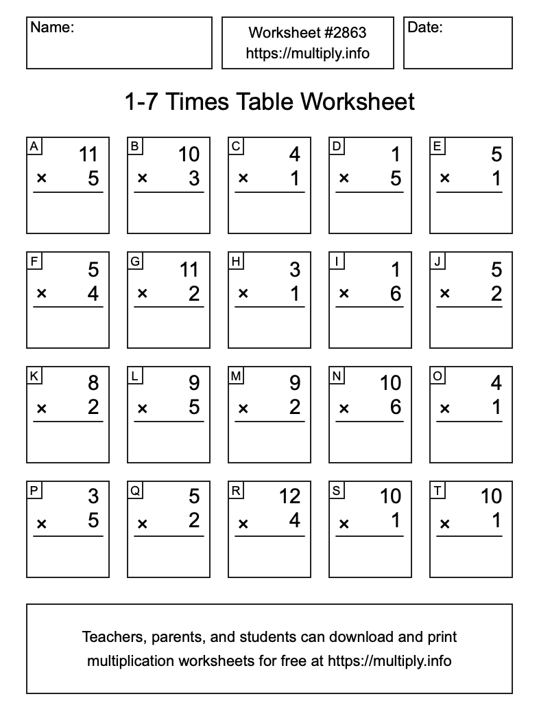 1 to 7 Times Table Worksheet #2863