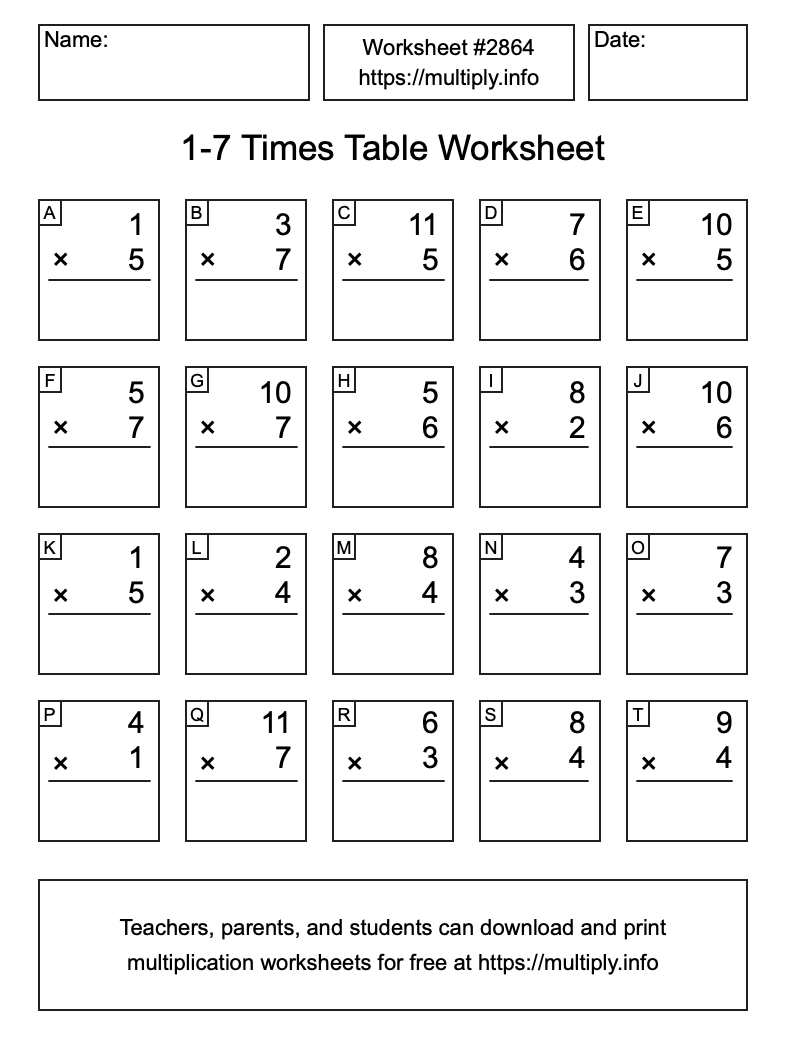 1 to 7 Times Table Worksheet #2864
