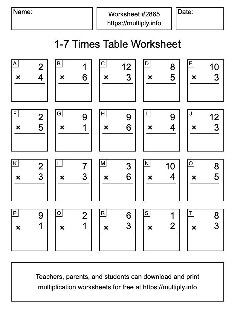 1 to 7 Times Table Worksheet #2865