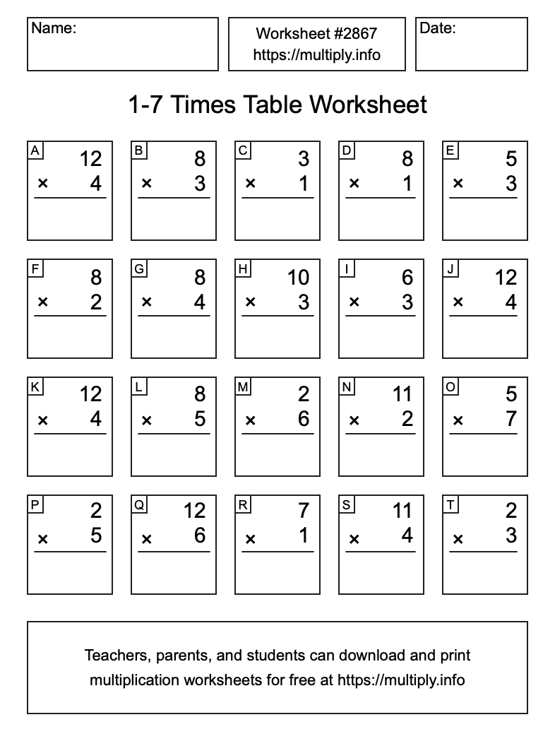 1 to 7 Times Table Worksheet #2867