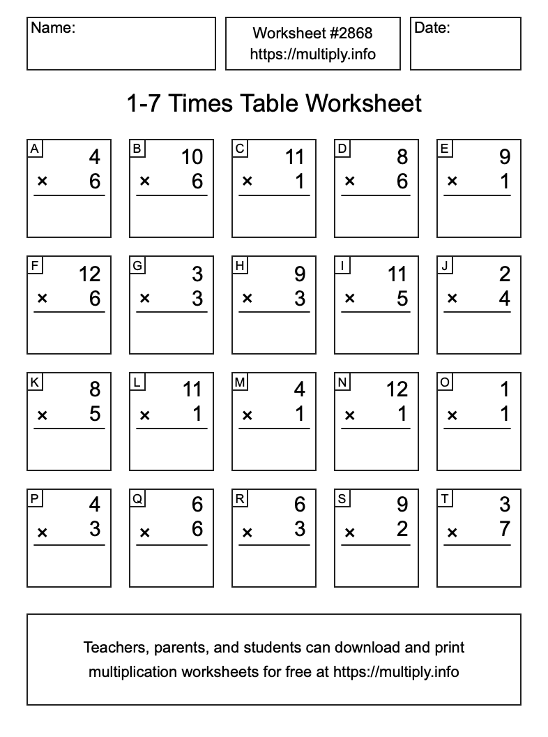 1 to 7 Times Table Worksheet #2868