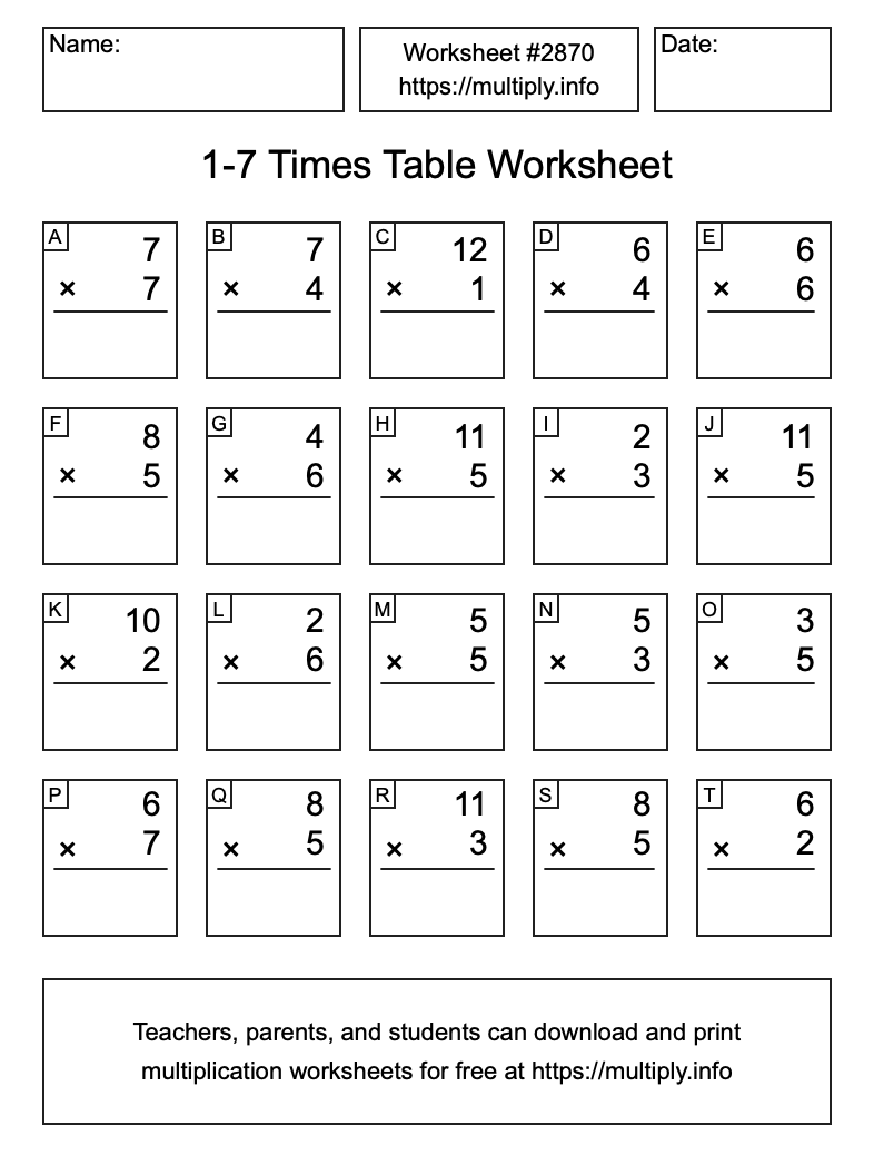 1 to 7 Times Table Worksheet #2870