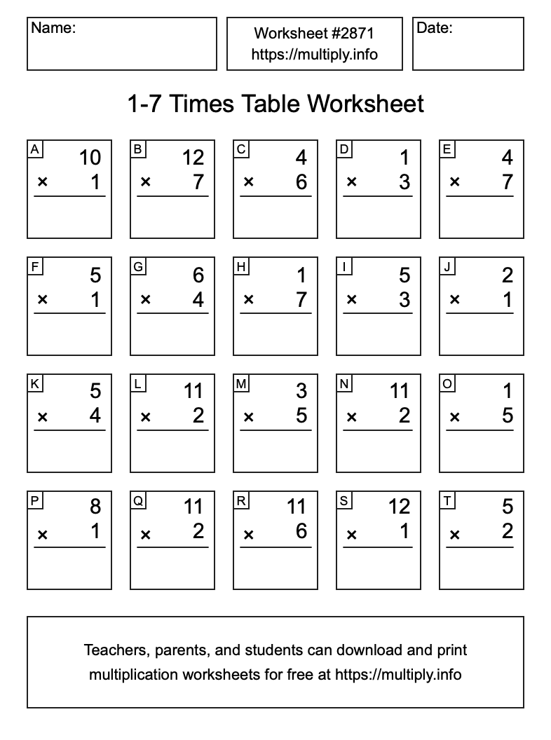 1 to 7 Times Table Worksheet #2871
