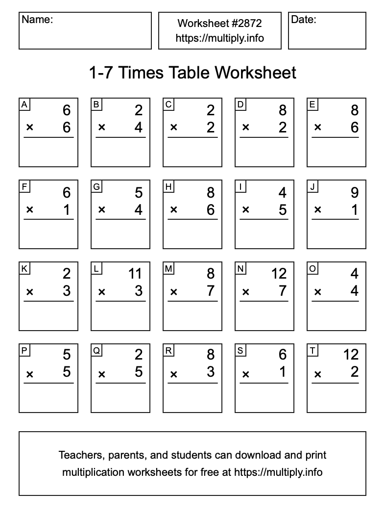 1 to 7 Times Table Worksheet #2872