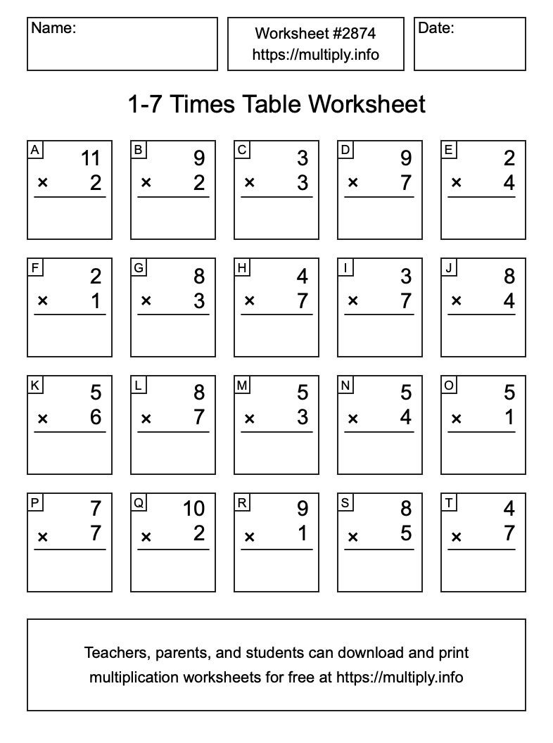 1 to 7 Times Table Worksheet #2874