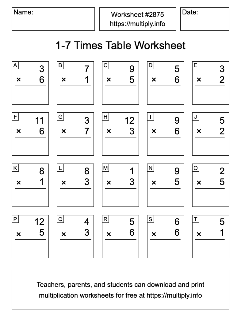 1 to 7 Times Table Worksheet #2875