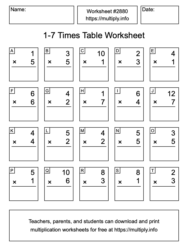 1 to 7 Times Table Worksheet #2880