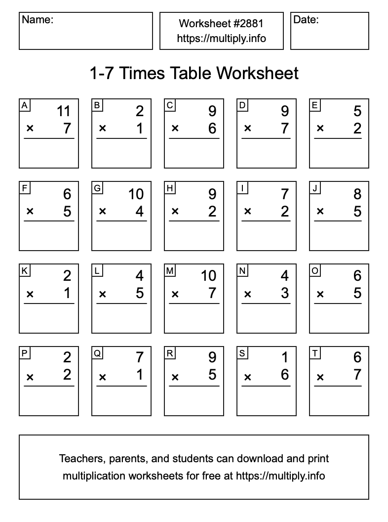 1 to 7 Times Table Worksheet #2881