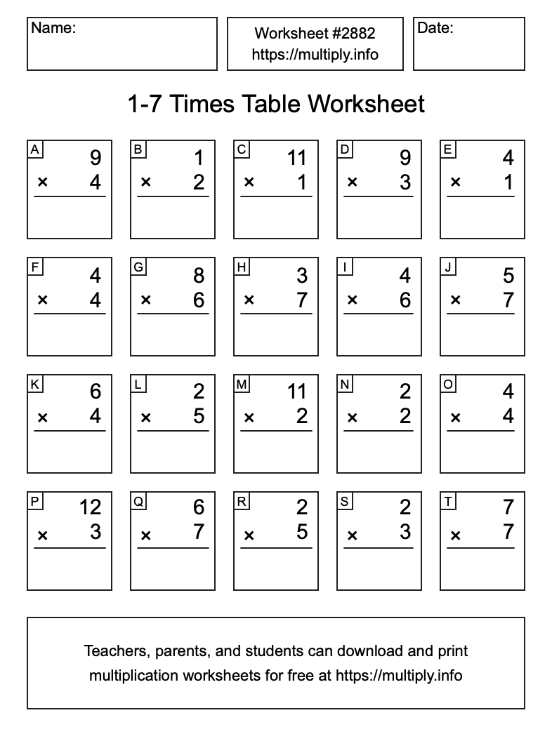 1 to 7 Times Table Worksheet #2882