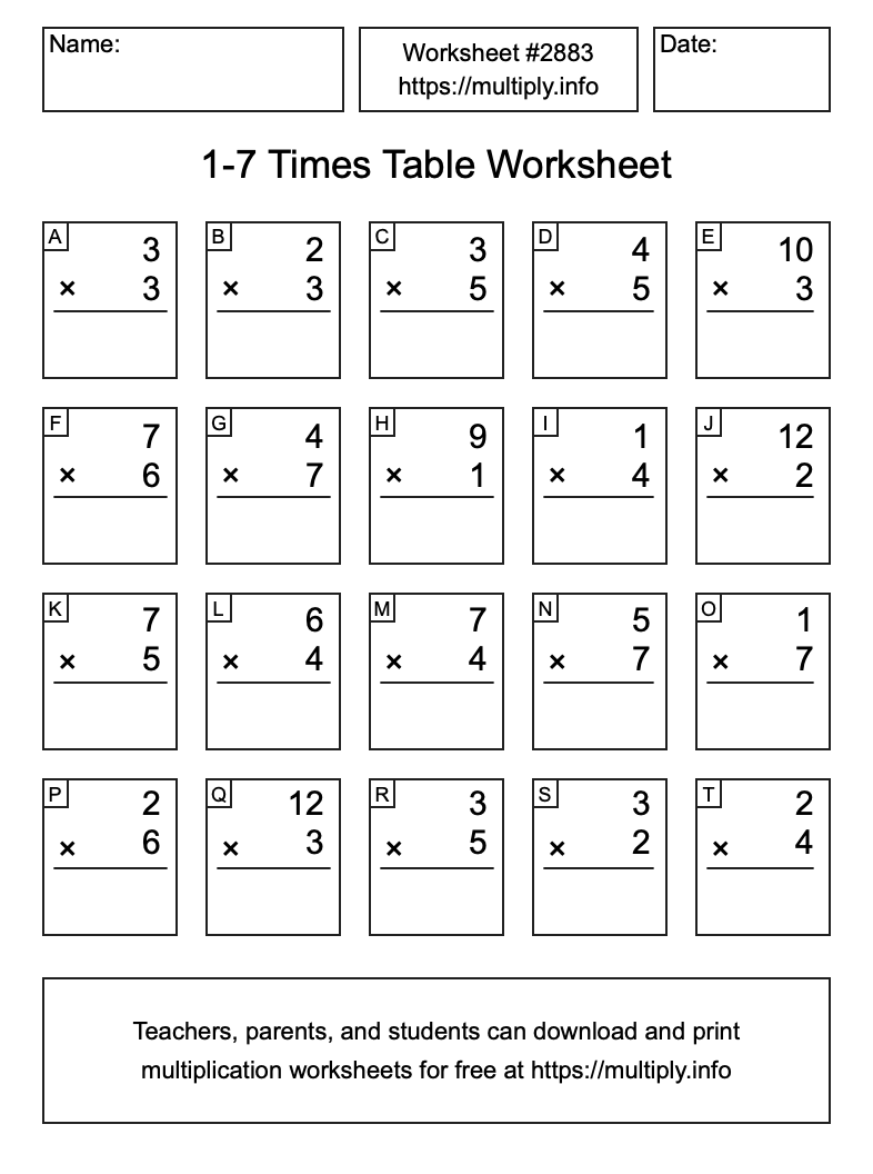1 to 7 Times Table Worksheet #2883