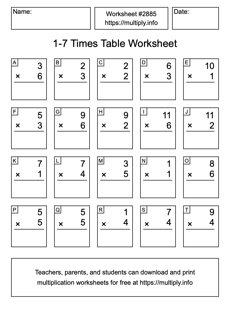 1 to 7 Times Table Worksheet #2885
