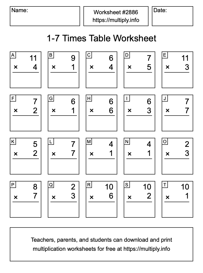 1 to 7 Times Table Worksheet #2886