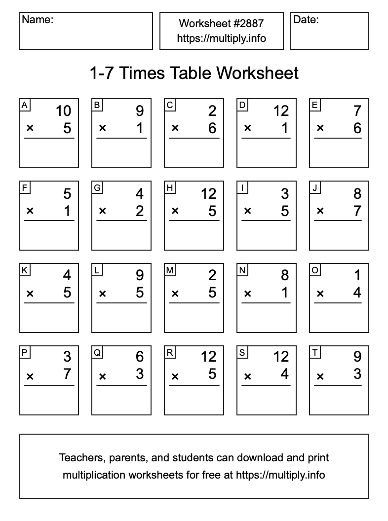 1 to 7 Times Table Worksheet #2887