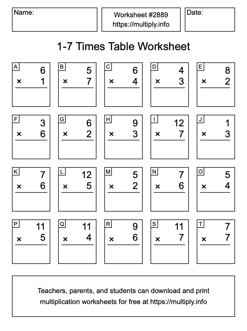 1 to 7 Times Table Worksheet #2889