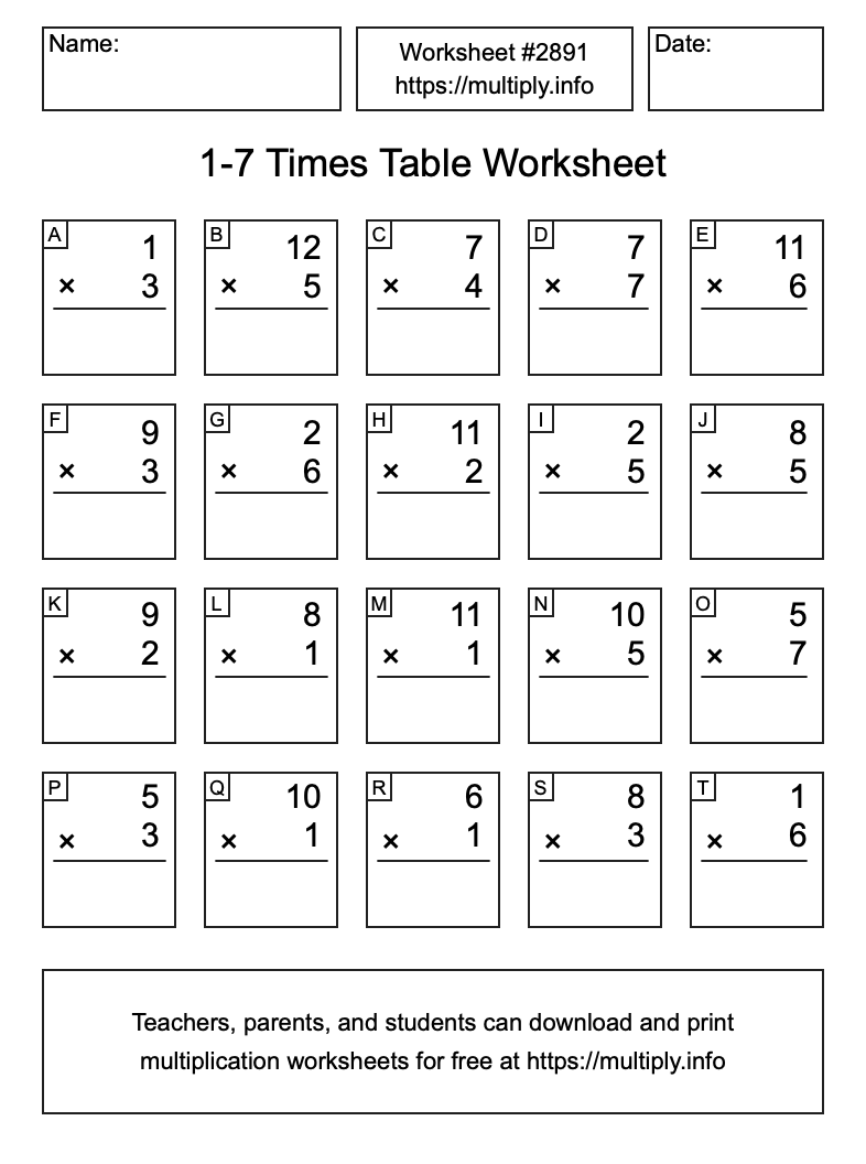 1 to 7 Times Table Worksheet #2891