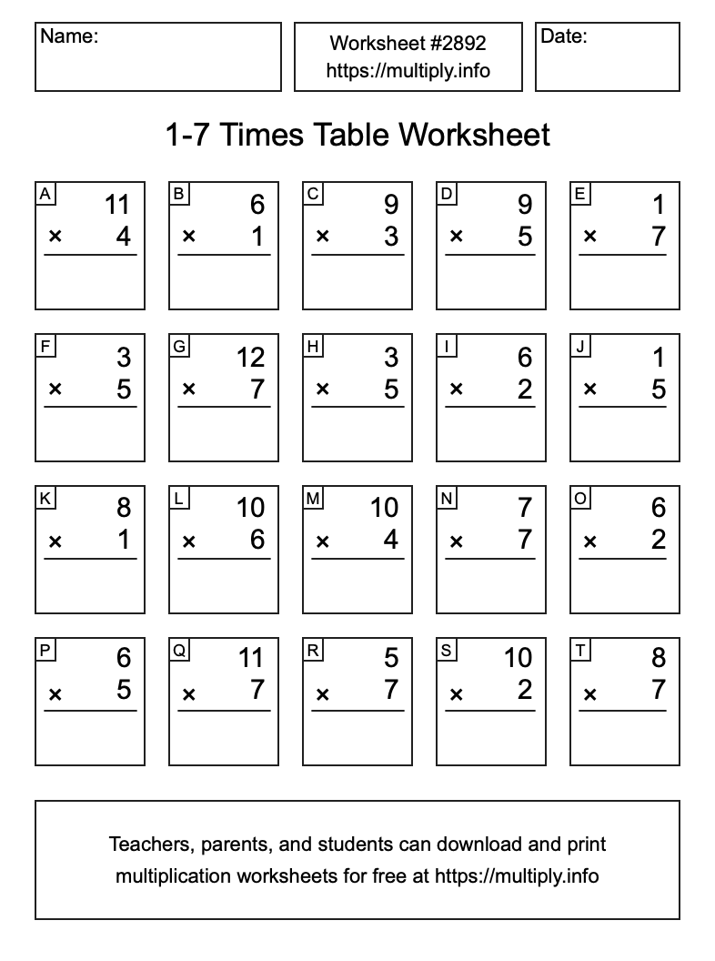 1 to 7 Times Table Worksheet #2892