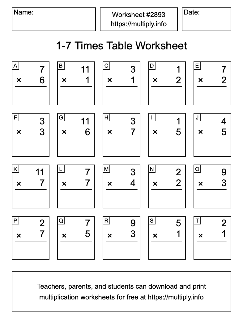 1 to 7 Times Table Worksheet #2893
