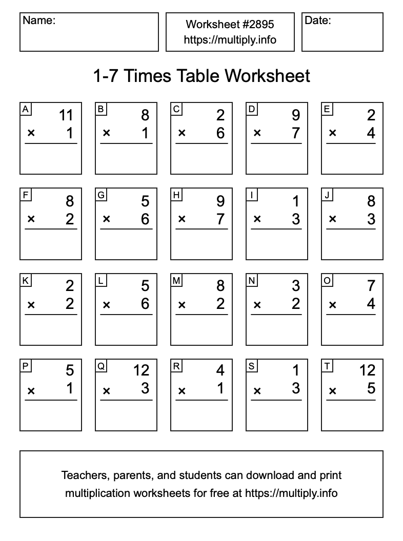 1 to 7 Times Table Worksheet #2895
