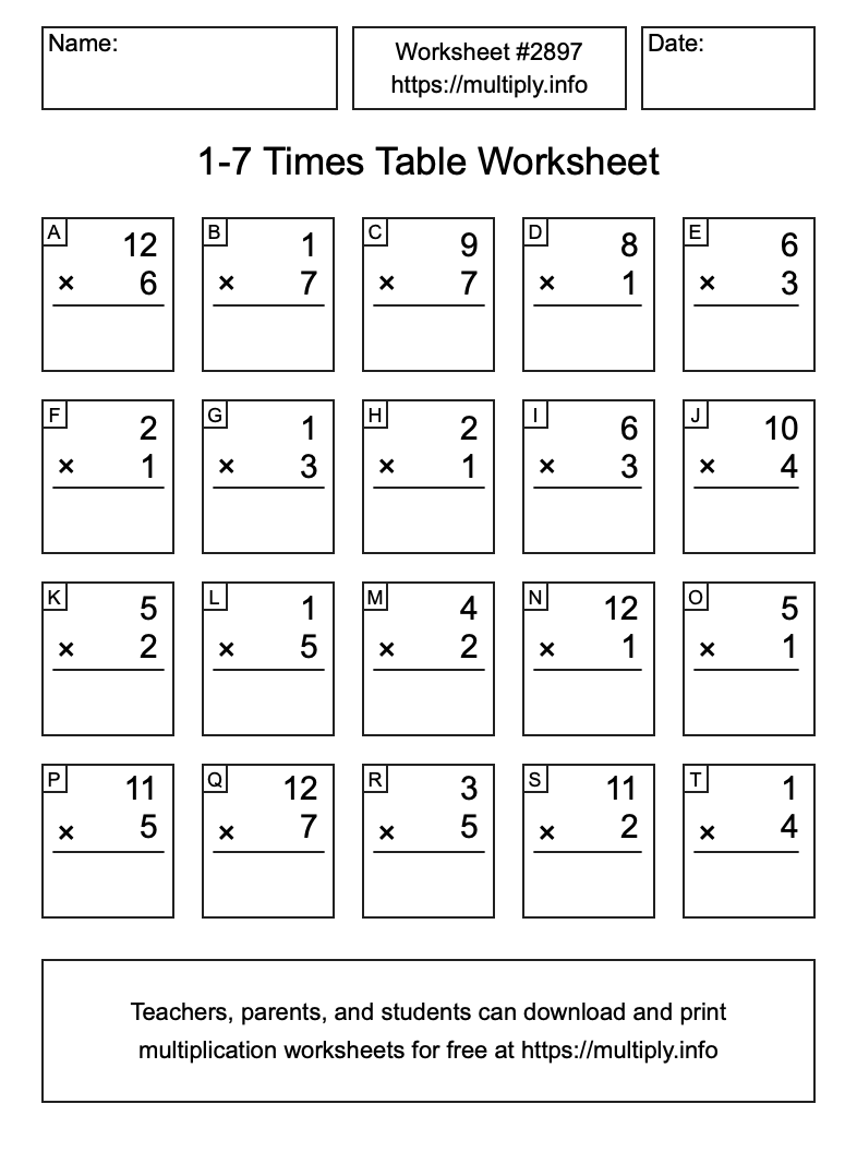1 to 7 Times Table Worksheet #2897