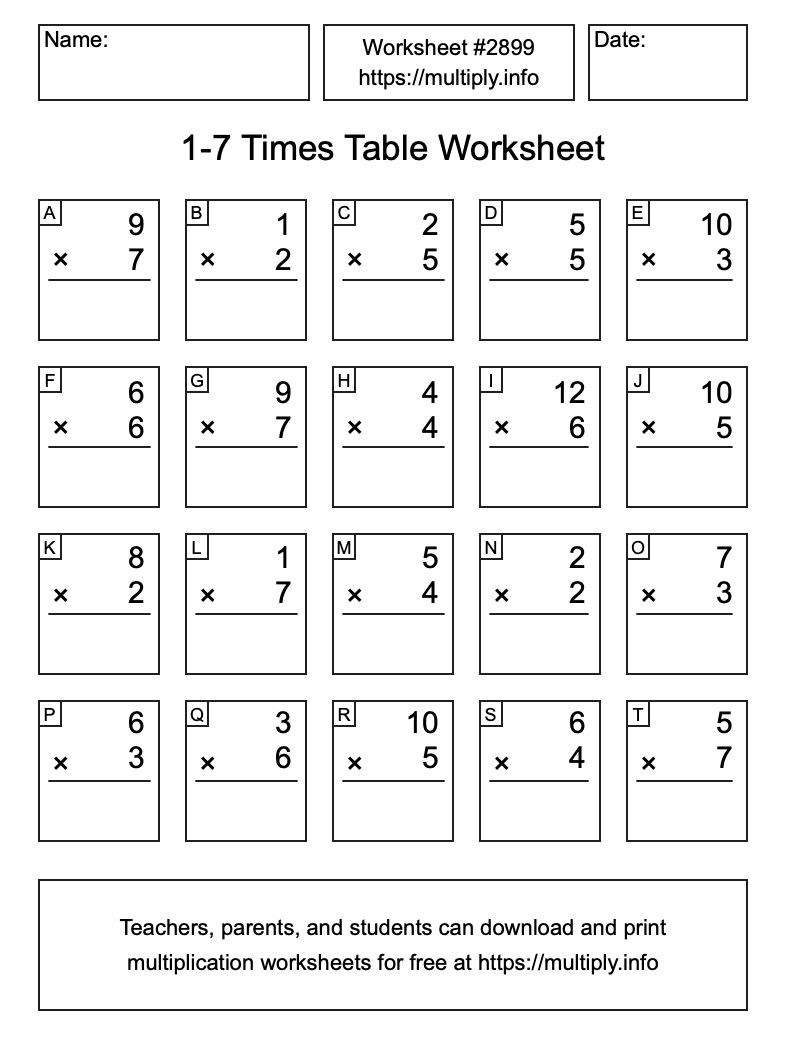 1 to 7 Times Table Worksheet #2899