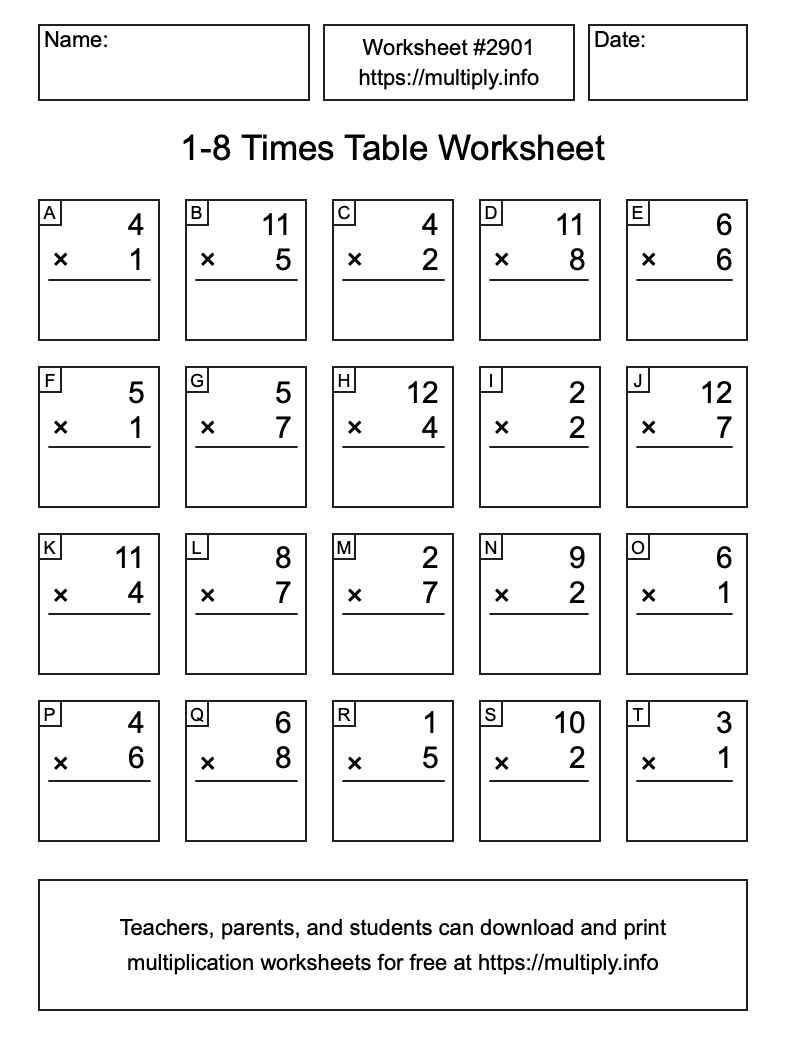 1 to 8 Times Table Worksheet #2901