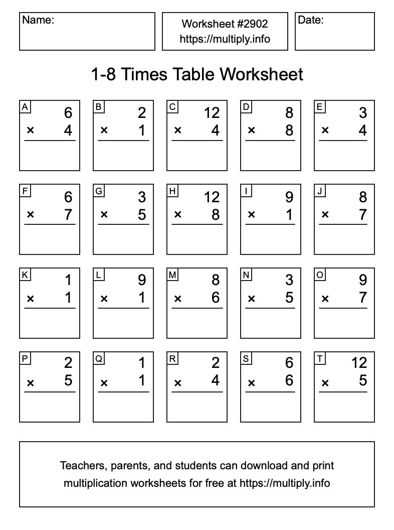 1 to 8 Times Table Worksheet #2902