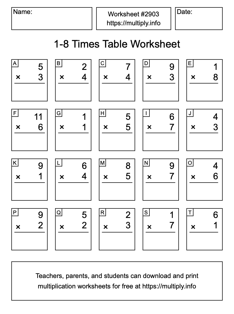 1 to 8 Times Table Worksheet #2903