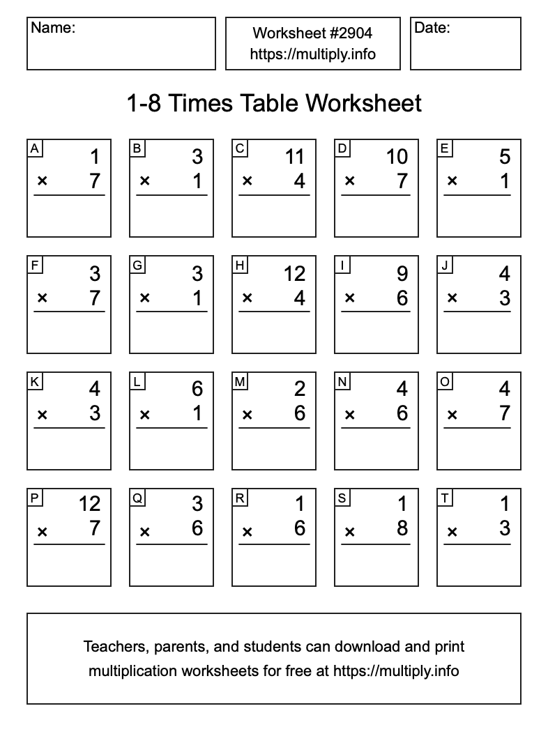 1 to 8 Times Table Worksheet #2904