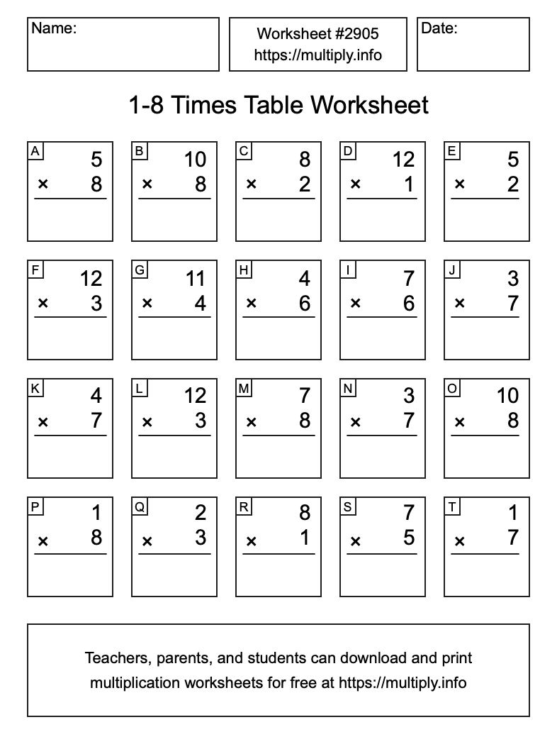 1 to 8 Times Table Worksheet #2905