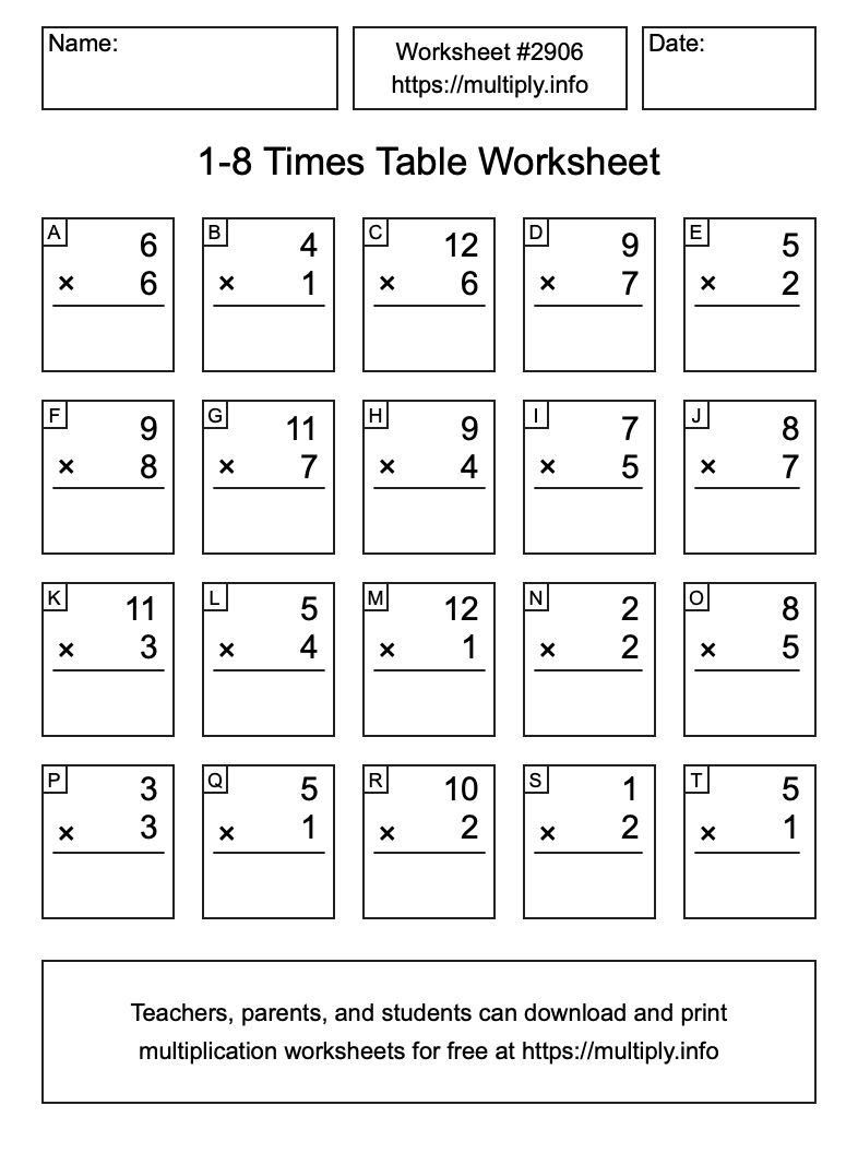 1 to 8 Times Table Worksheet #2906
