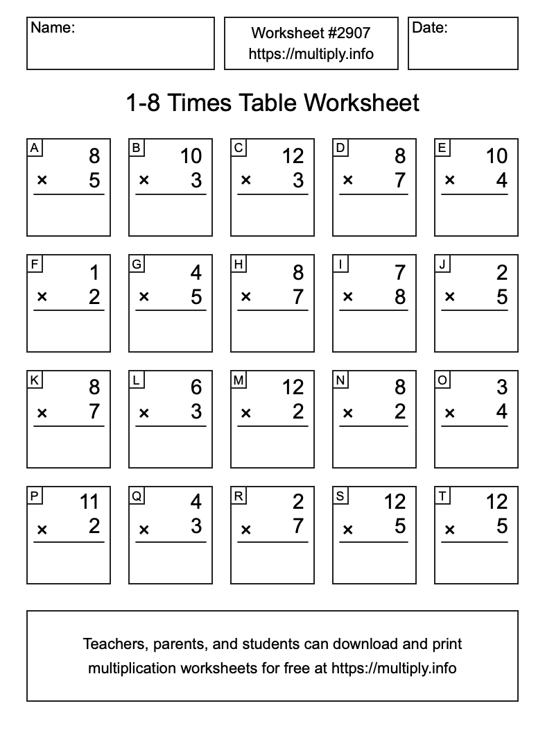 1 to 8 Times Table Worksheet #2907