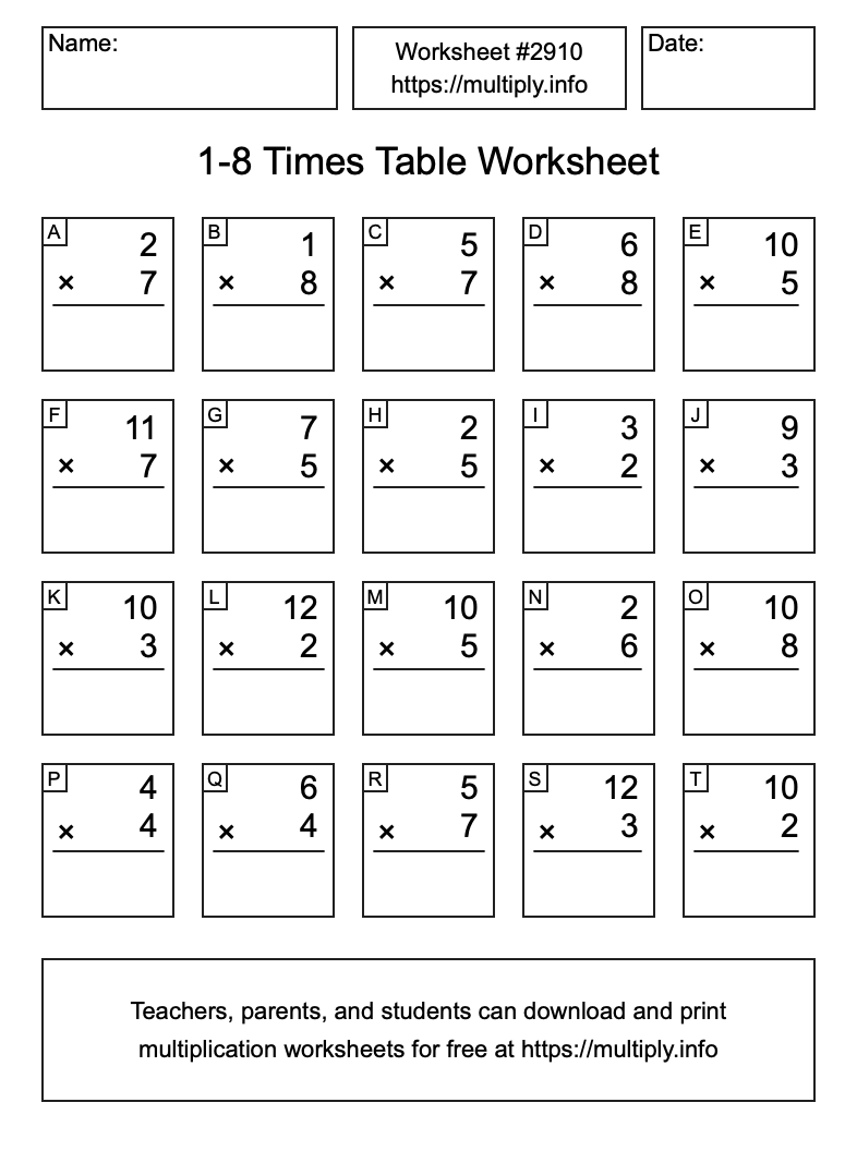 1 to 8 Times Table Worksheet #2910