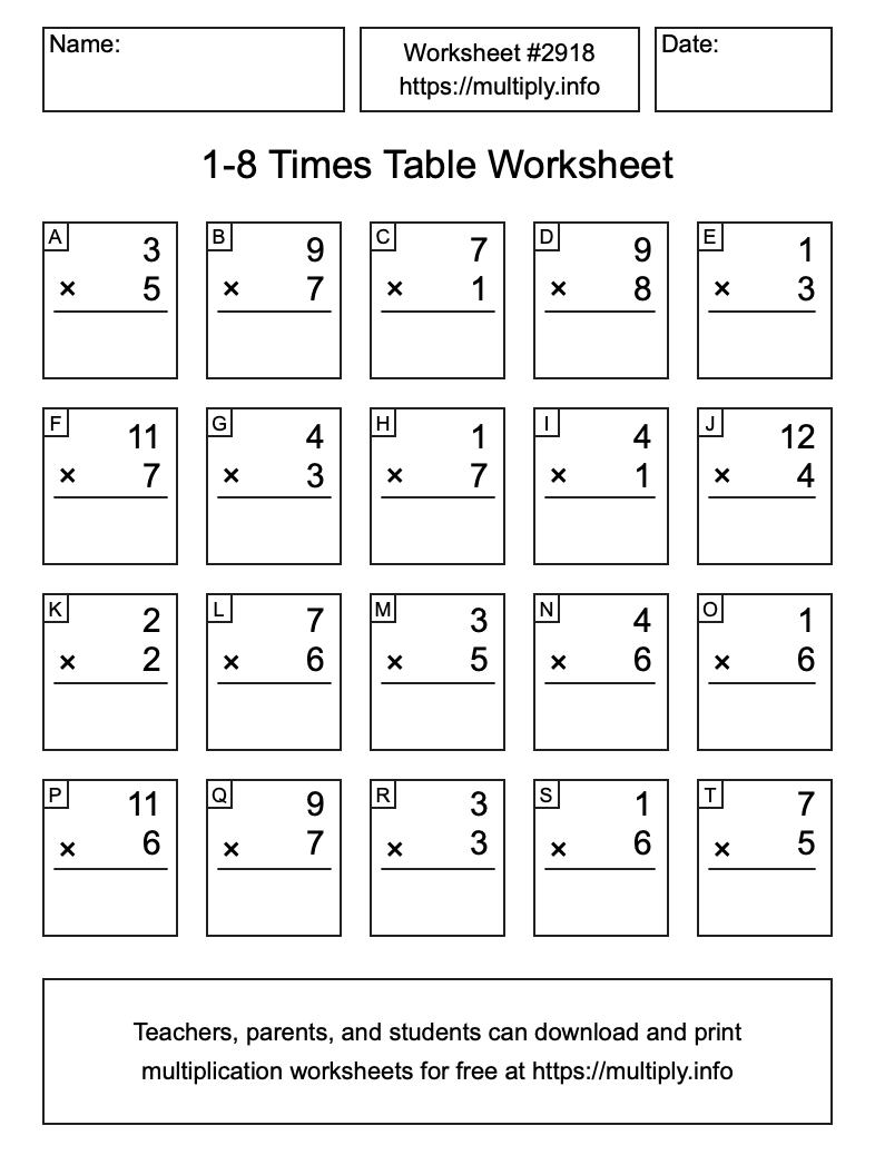 1 to 8 Times Table Worksheet #2918