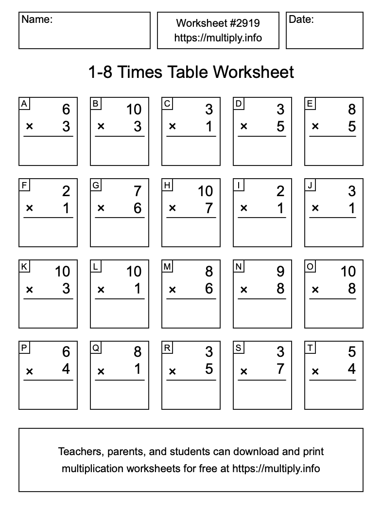 1 to 8 Times Table Worksheet #2919