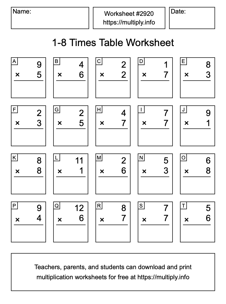 1 to 8 Times Table Worksheet #2920
