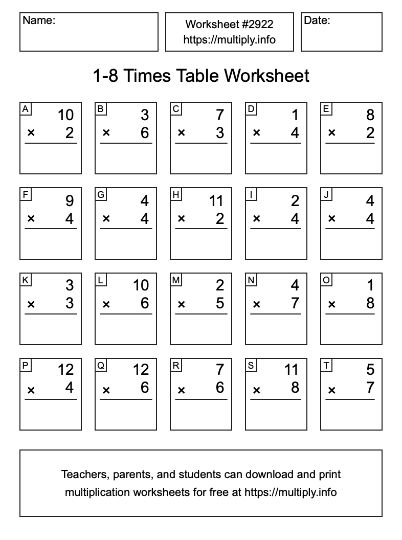 1 to 8 Times Table Worksheet #2922
