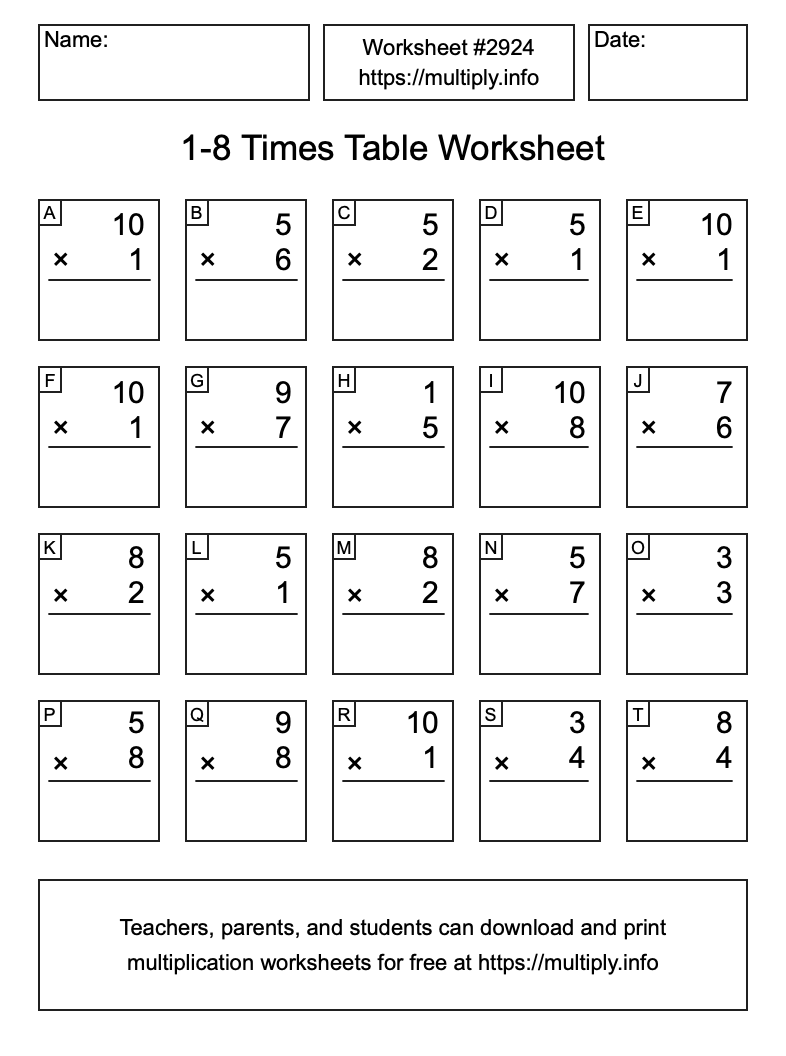 1 to 8 Times Table Worksheet #2924