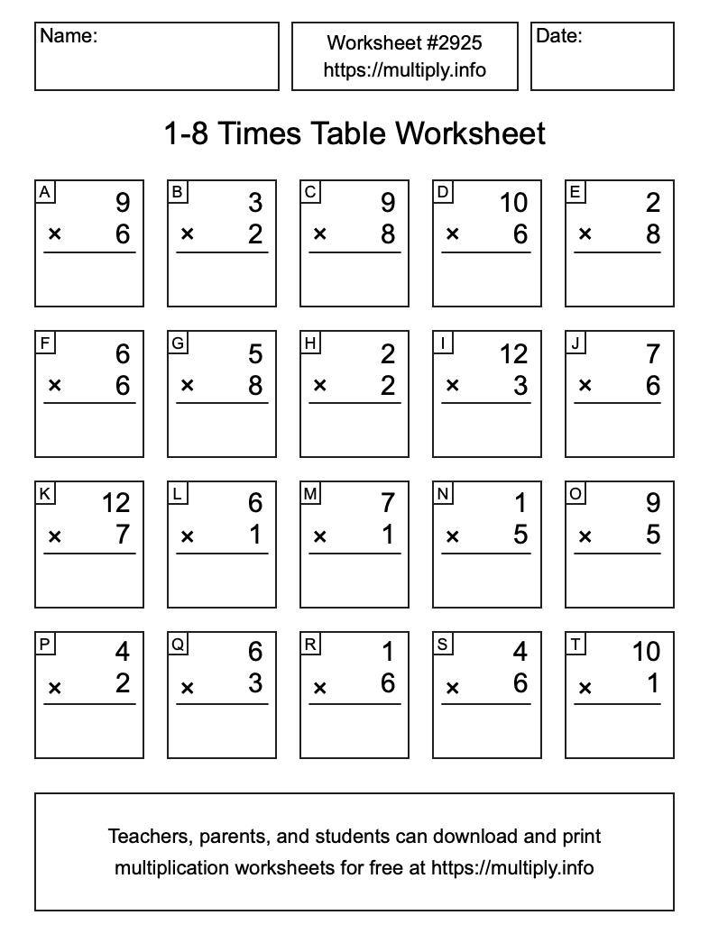 1 to 8 Times Table Worksheet #2925