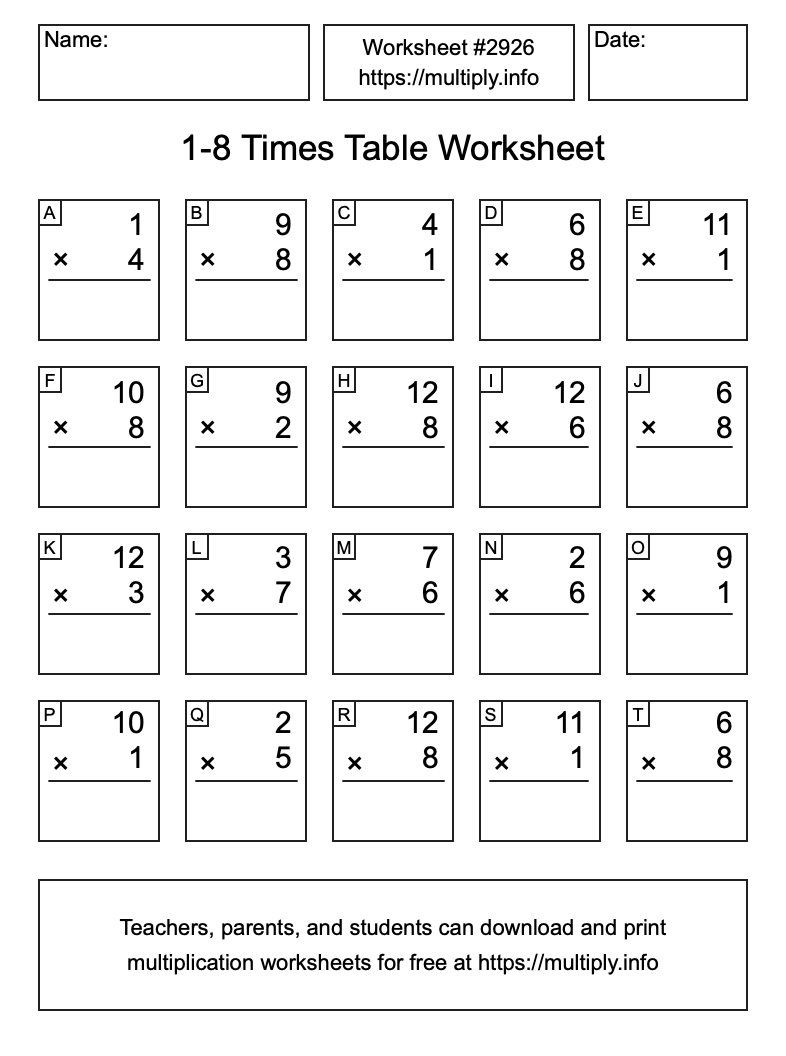 1 to 8 Times Table Worksheet #2926