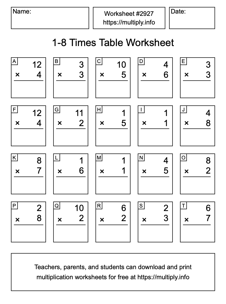 1 to 8 Times Table Worksheet #2927