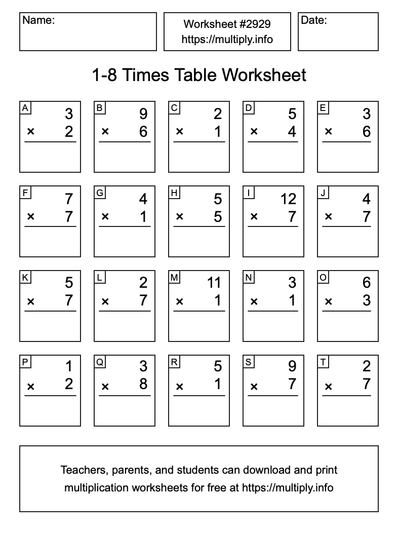 1 to 8 Times Table Worksheet #2929