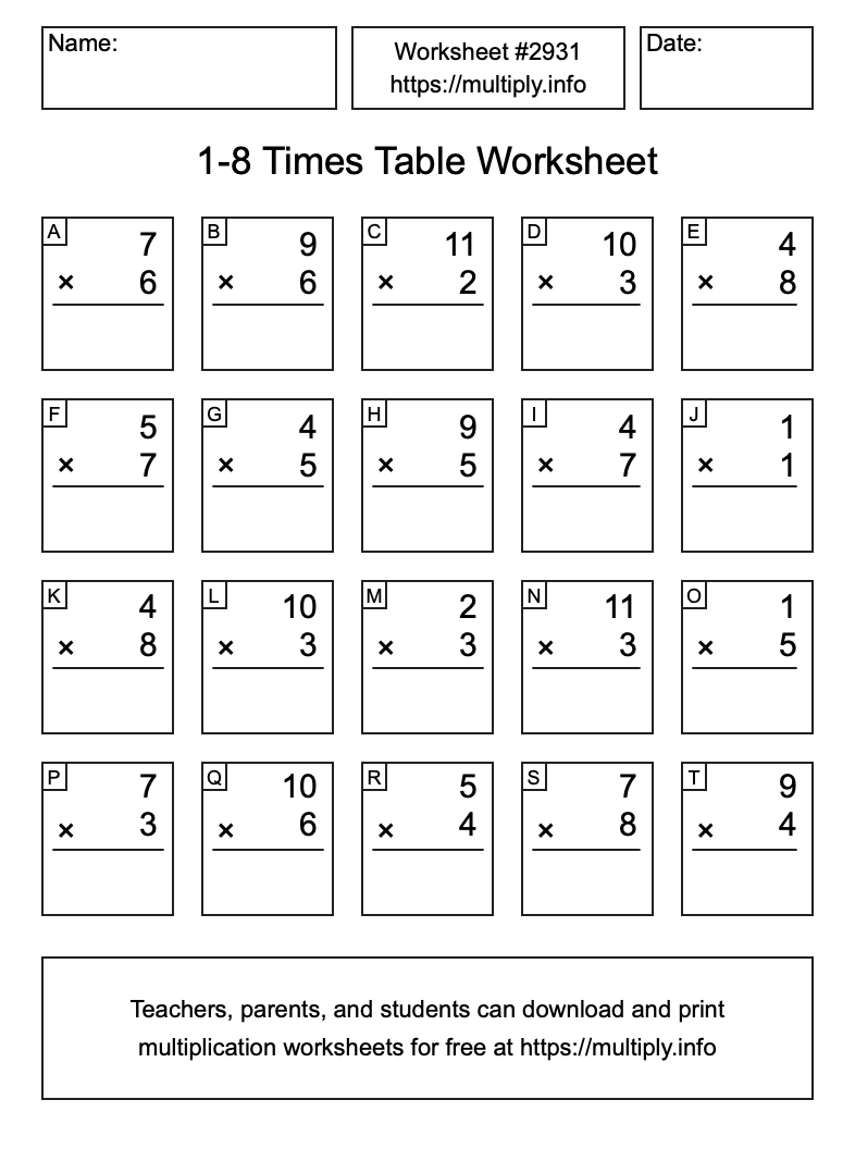 1 to 8 Times Table Worksheet #2931