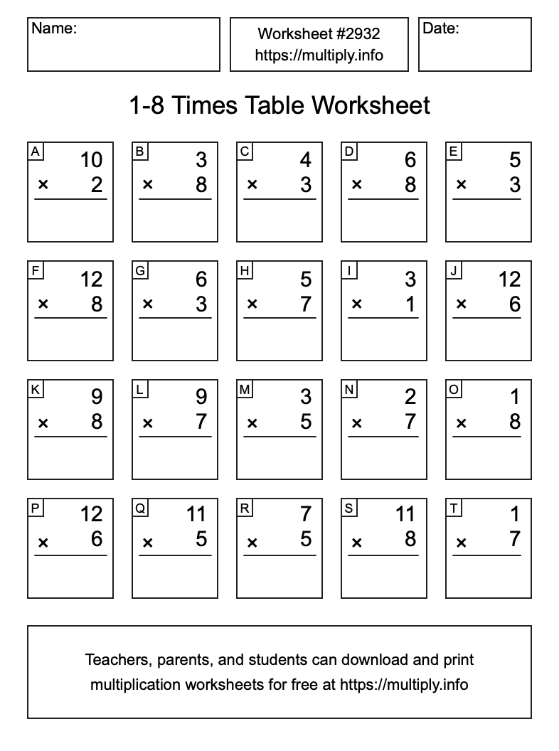 1 to 8 Times Table Worksheet #2932