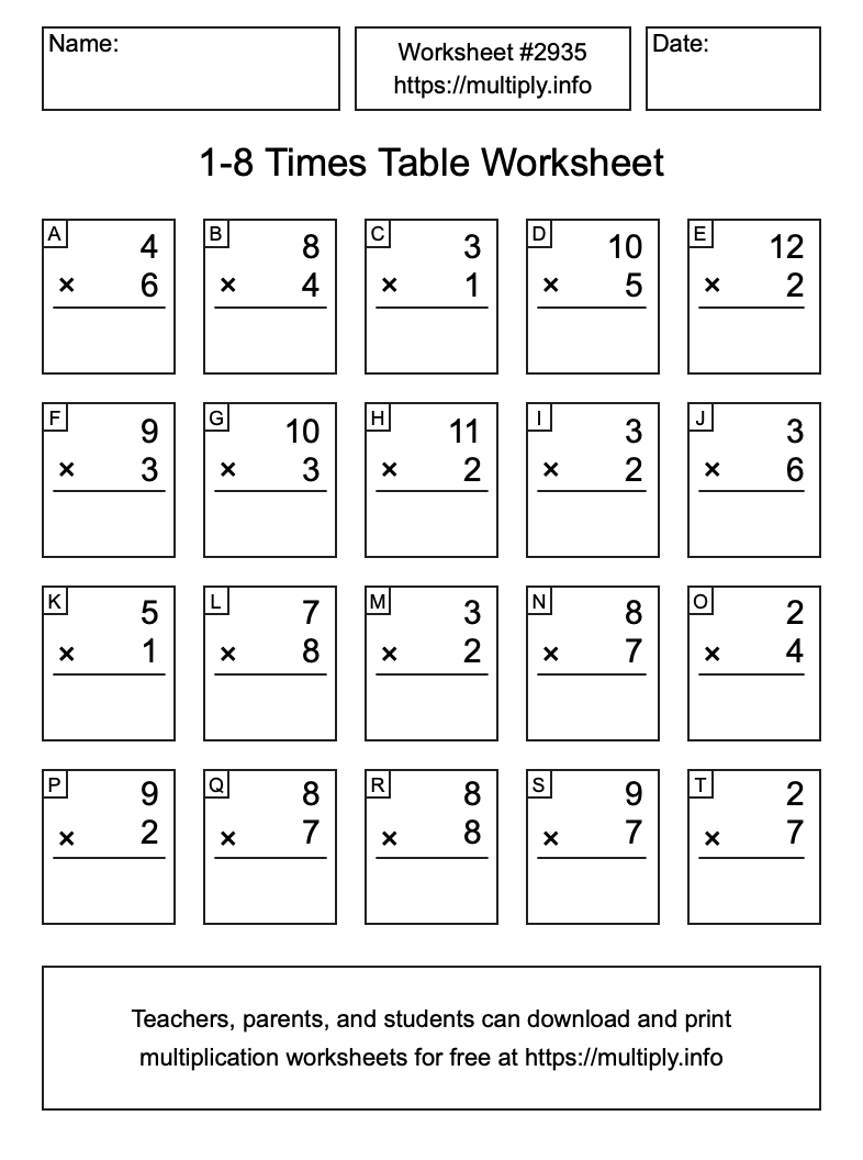 1 to 8 Times Table Worksheet #2935