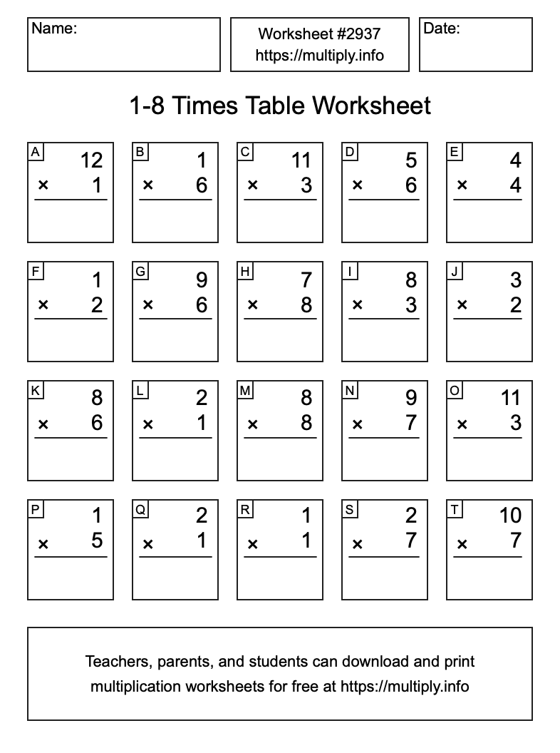 1 to 8 Times Table Worksheet #2937