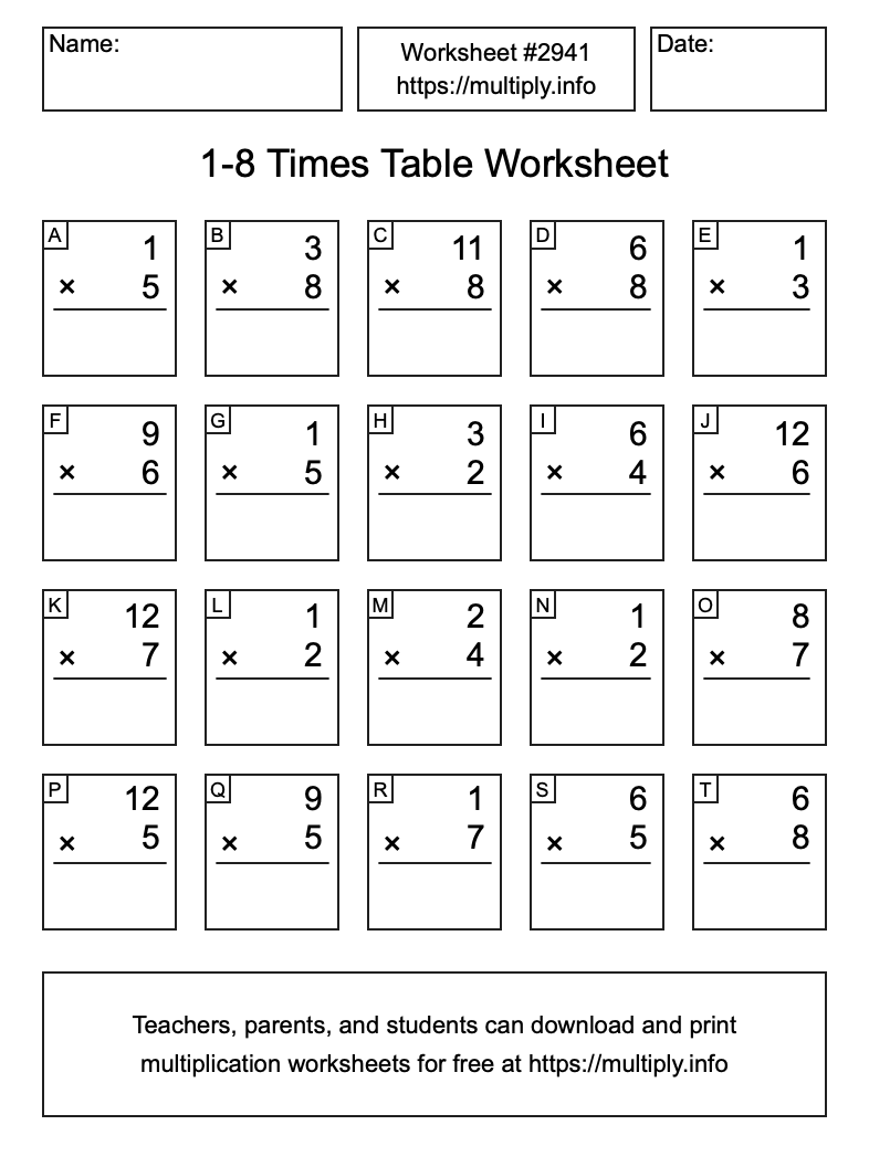 1 to 8 Times Table Worksheet #2941