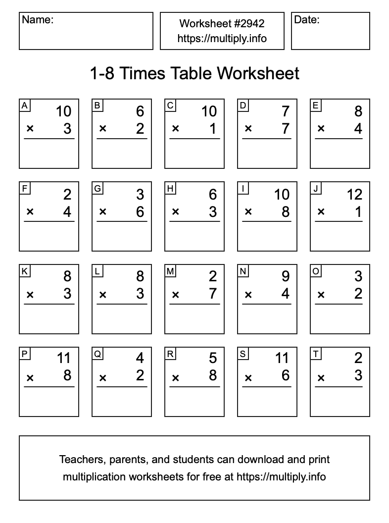 1 to 8 Times Table Worksheet #2942